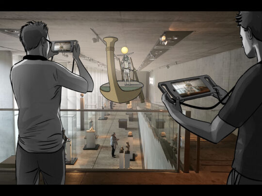 Zeichnung zweier Personen, die Tablets in den Händen halten und das Augmented Reality Spiel spielen