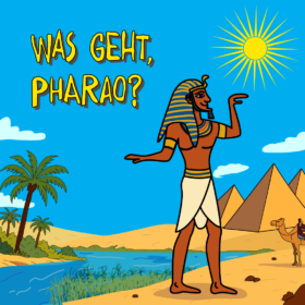 Coverbild für Kinderpodcast. Am Ufer eines Flusses steht ein altägyptischer Pharao mit den Armen in typischer Pose, im Hintergrund Pyramiden. Ein Großteil des Bildes nimmt der strahlend blaue Himmel ein, rechts oben eine gelbe Sonne, links daneben in großen Buchstaben "Was geht, Pharao?"