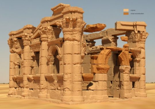 Aus 3D-Scandaten berechnetes 3D-Modell der Hathorkapelle mit virtueller Rekonstruktion der Ostfassade