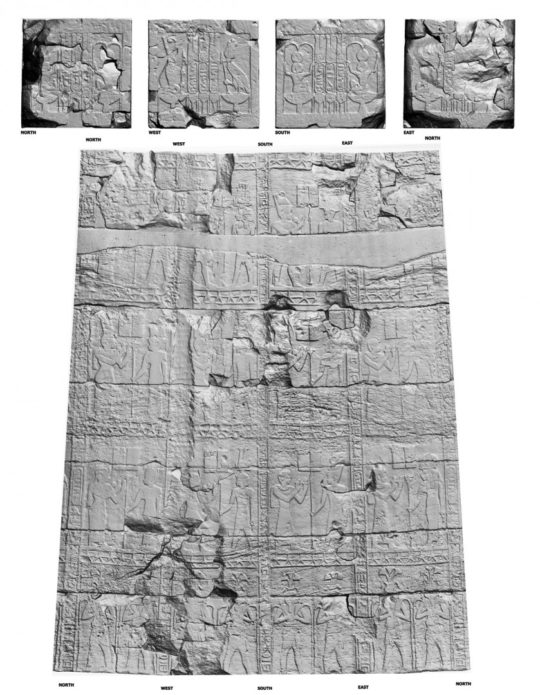 Abgewickeltes 3D-Modell und Messbild der Säule des Amuntempels