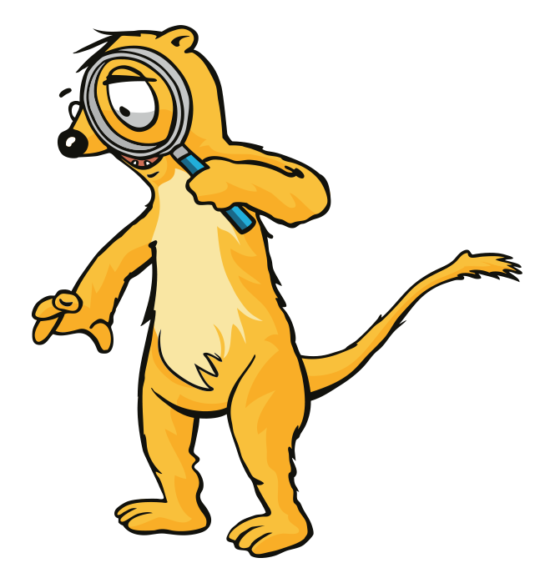 Das Maskottchen Usi mit einer großen Lupe.