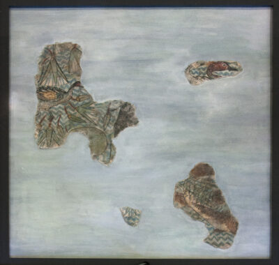 Fragmente eines königlichen Palastfußbodens mit Maelrei von Fischen und Enten