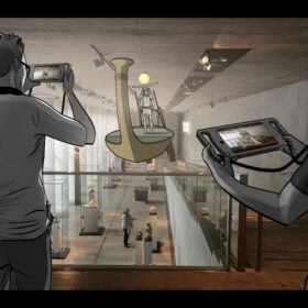 Zeichnung zweier Personen, die Tablets in den Händen halten und das Augmented Reality Spiel spielen