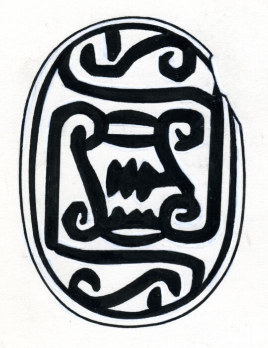 Zeichnung einer Unterseite eines Skarabäus mit Spiralen und Hieroglyphen