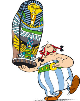 Obelix trägt einen ägyptischen Sarg