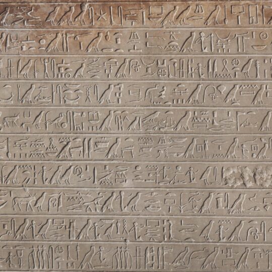 Detail einer Hieroglypheninschrift, die Zeichen sind in Zeilen in den hellen Stein eingetieft.