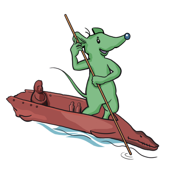 Comicfigur Spitzmaus Isi mit altägyptischem Boot