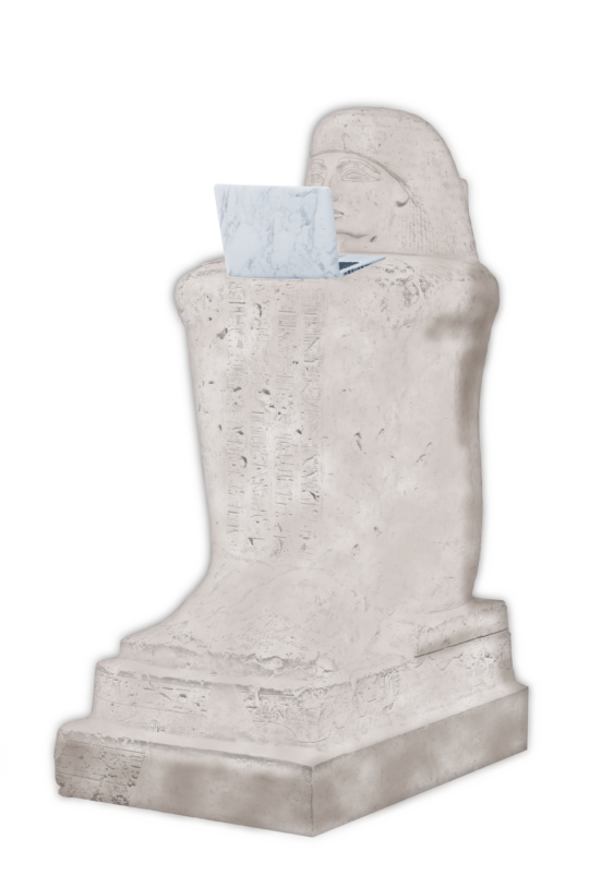 Würfelfigur des Bakenchons mit Laptop auf den Knien