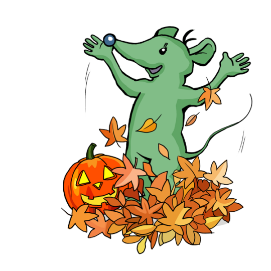Comic-Spitzmaus steht und Blätterhaufen mit Halloween-Kürbis